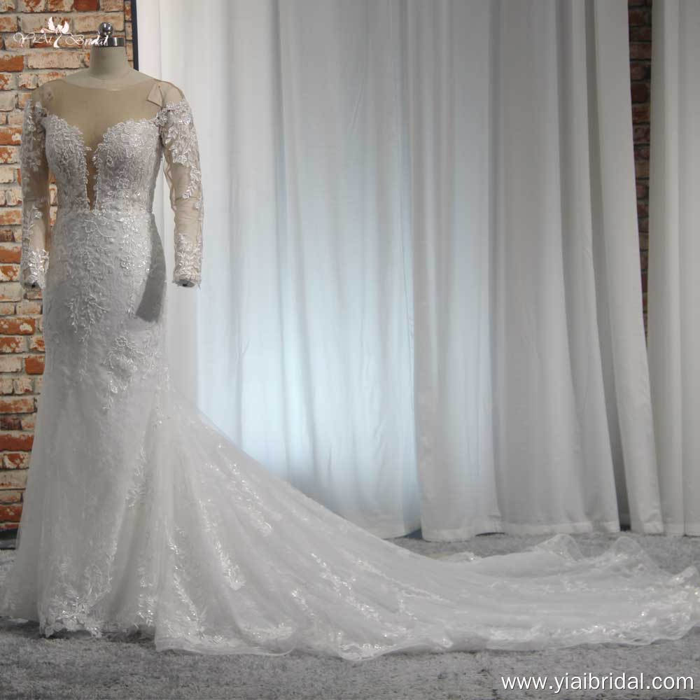 Beautiful Lace Sheath Gown RSW1912 Long Sleeves French Lace Plunging Neckline Wedding Dress With Long Sleeves 8