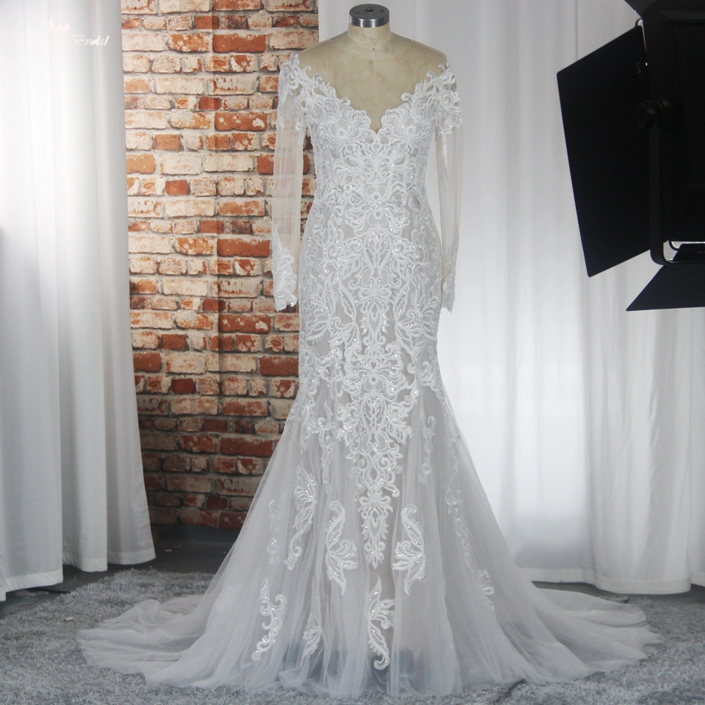 Graceful Lace Appliques Mermaid Wedding Dresses RSW1882 Vestios De Novia Sweep Train Illusion Long Sleeves Bridal Gown 1