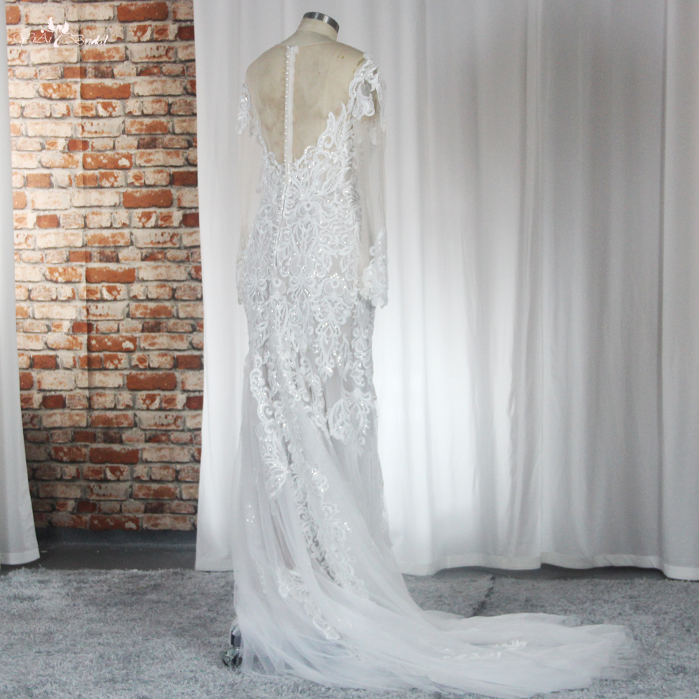 Graceful Lace Appliques Mermaid Wedding Dresses RSW1882 Vestios De Novia Sweep Train Illusion Long Sleeves Bridal Gown 9