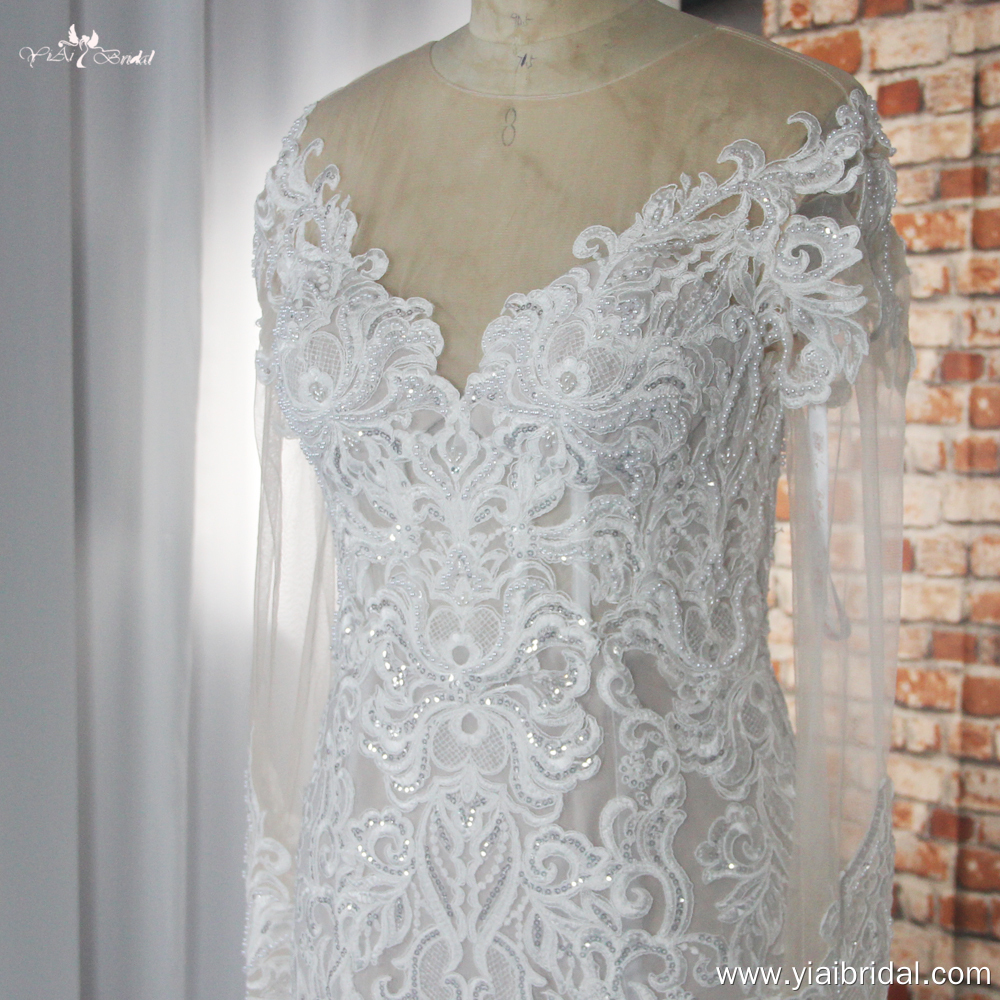 Graceful Lace Appliques Mermaid Wedding Dresses RSW1882 Vestios De Novia Sweep Train Illusion Long Sleeves Bridal Gown 10