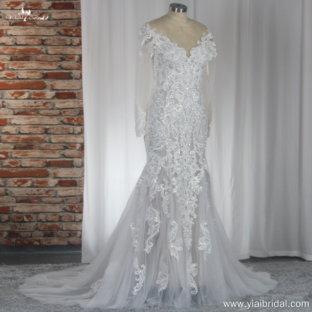 Graceful Lace Appliques Mermaid Wedding Dresses RSW1882 Vestios De Novia Sweep Train Illusion Long Sleeves Bridal Gown 8