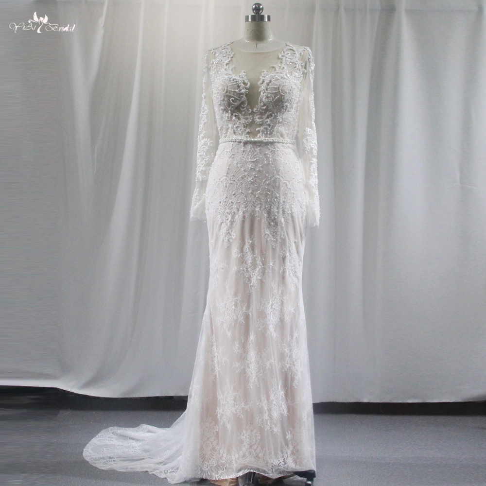 Iovry Wedding Dress Sheath Style V-Neck Long Sleeve Fit And Flare Gown RSW1836 Made Of Antique Floral Lace And Beading 1