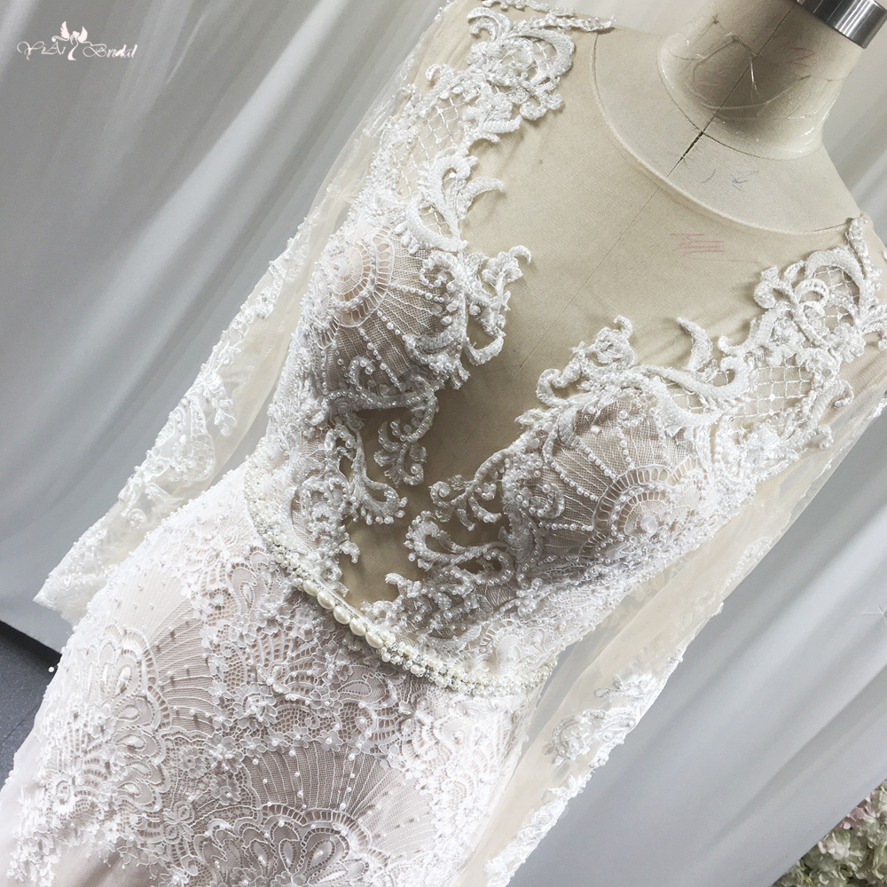 Iovry Wedding Dress Sheath Style V-Neck Long Sleeve Fit And Flare Gown RSW1836 Made Of Antique Floral Lace And Beading 10