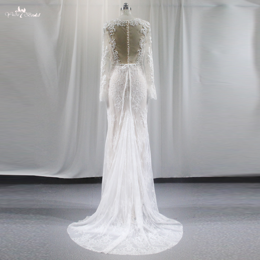 Iovry Wedding Dress Sheath Style V-Neck Long Sleeve Fit And Flare Gown RSW1836 Made Of Antique Floral Lace And Beading 9