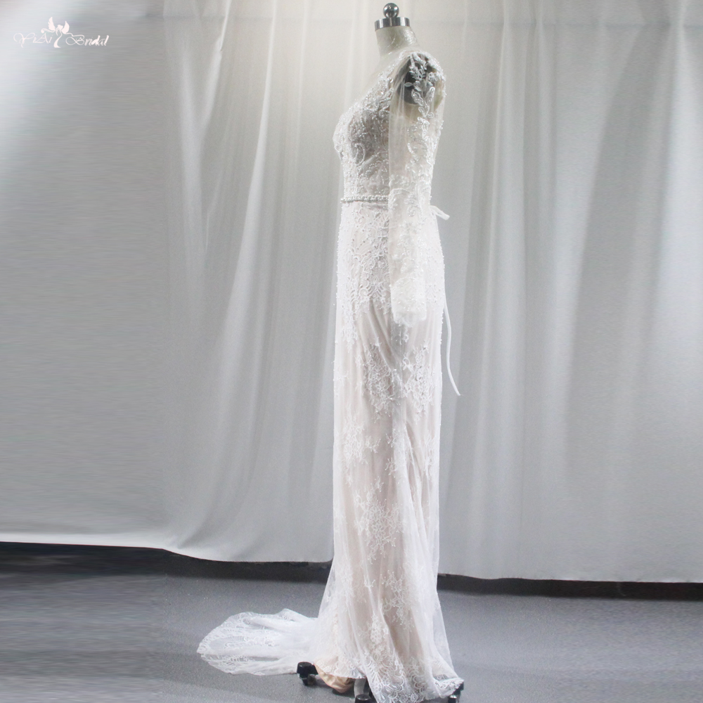 Iovry Wedding Dress Sheath Style V-Neck Long Sleeve Fit And Flare Gown RSW1836 Made Of Antique Floral Lace And Beading 8