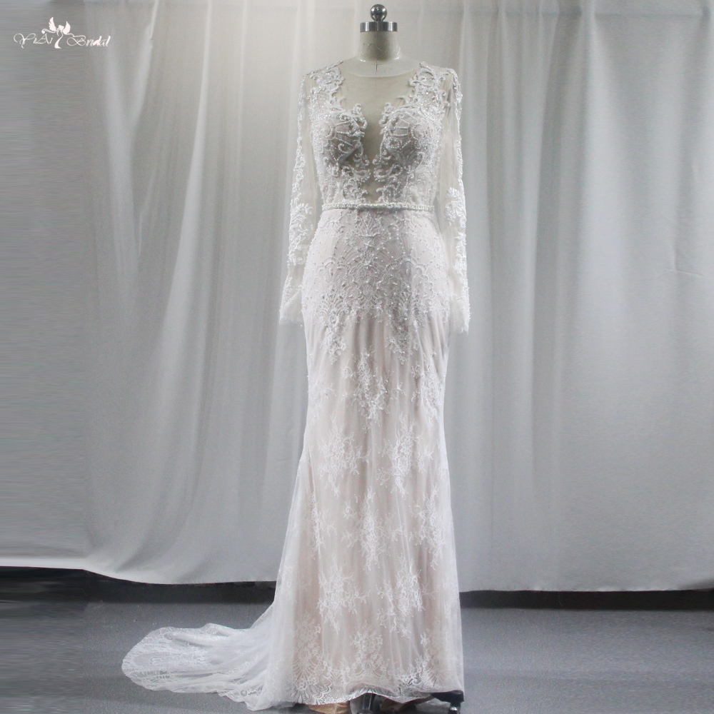 Iovry Wedding Dress Sheath Style V-Neck Long Sleeve Fit And Flare Gown RSW1836 Made Of Antique Floral Lace And Beading 7