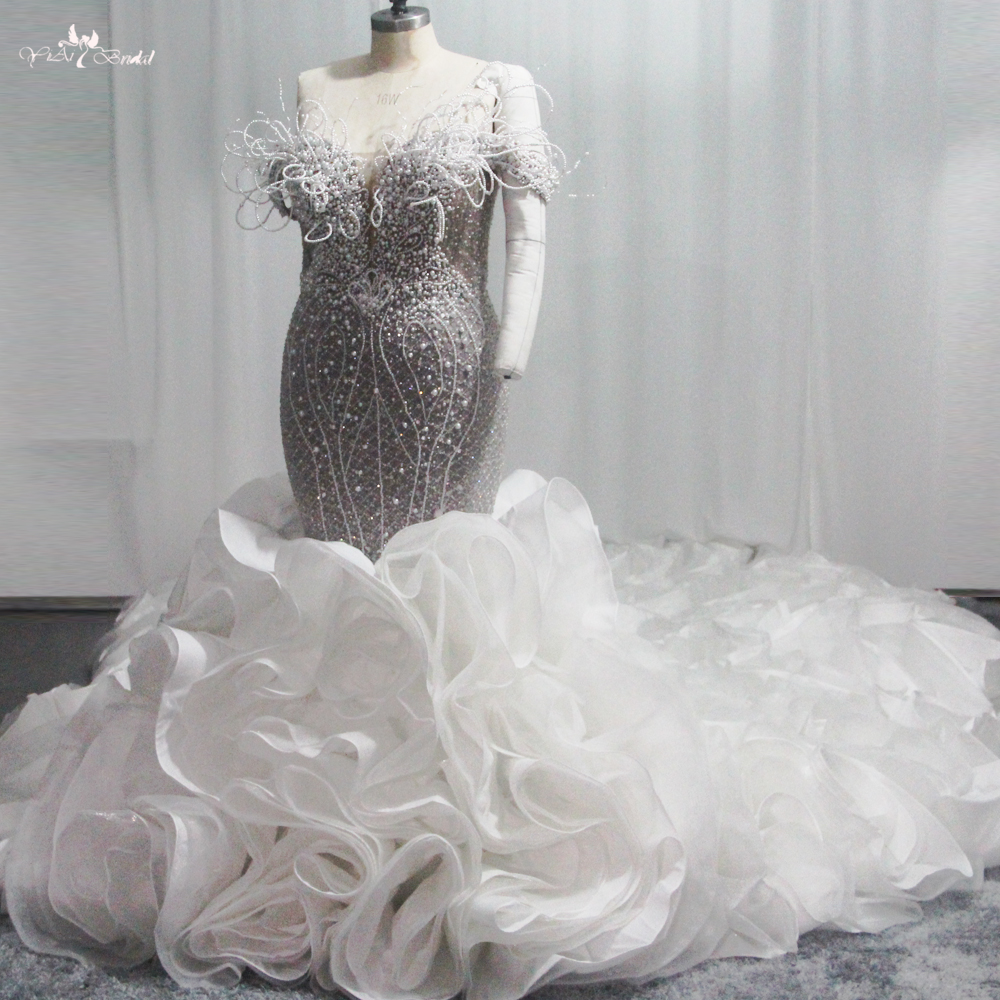 Lüks Abartılı Gelinlikler RSW1851 Denizkızı Volanlı Etek Çıkarılabilir Tren İnci Boncuklu Omuzlar Açık 9