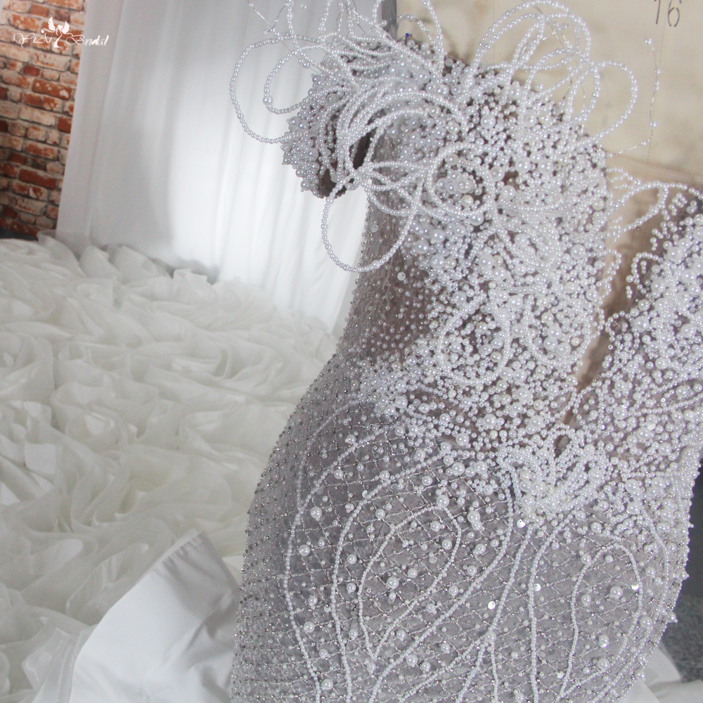 Lüks Abartılı Gelinlikler RSW1851 Denizkızı Volanlı Etek Çıkarılabilir Tren İnci Boncuklu Omuzlar Açık 11