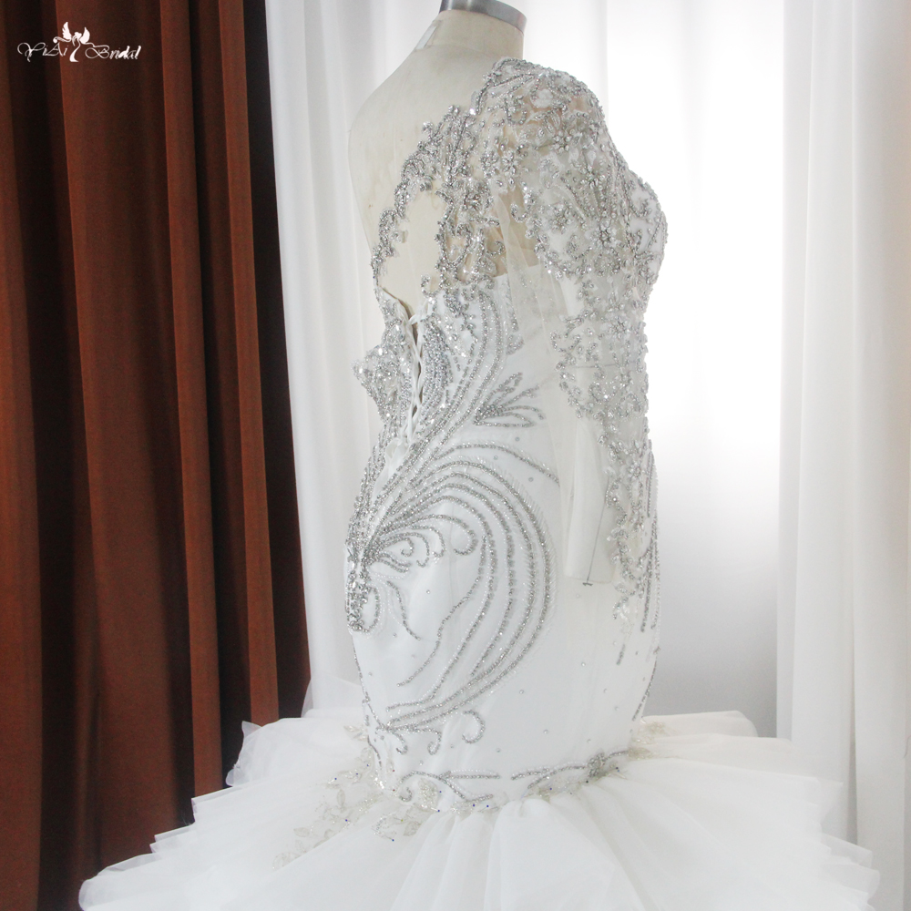 RSW1868 Lüks ağır kristal boncuk uzun kollu bir omuz denizkızı gelinlik, kabarık tül fırfır etek 10