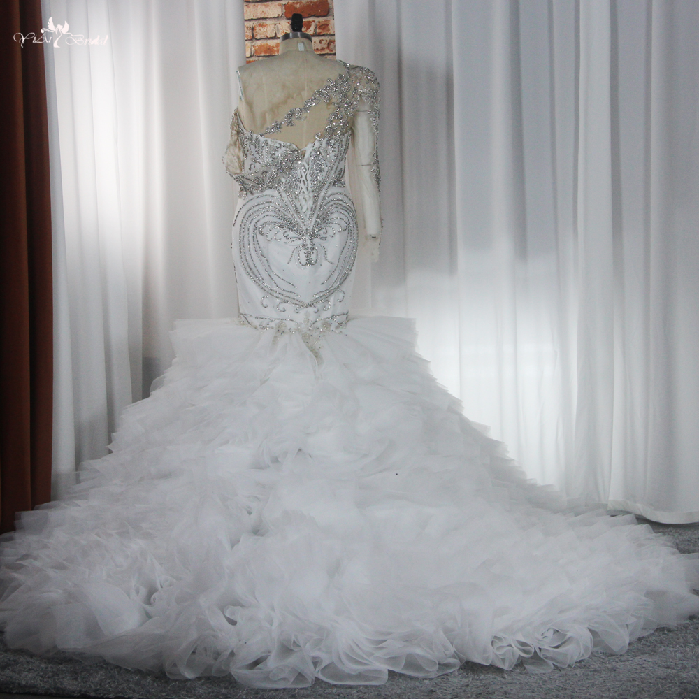 RSW1868 Lüks ağır kristal boncuk uzun kollu bir omuz denizkızı gelinlik, kabarık tül fırfır etek 11