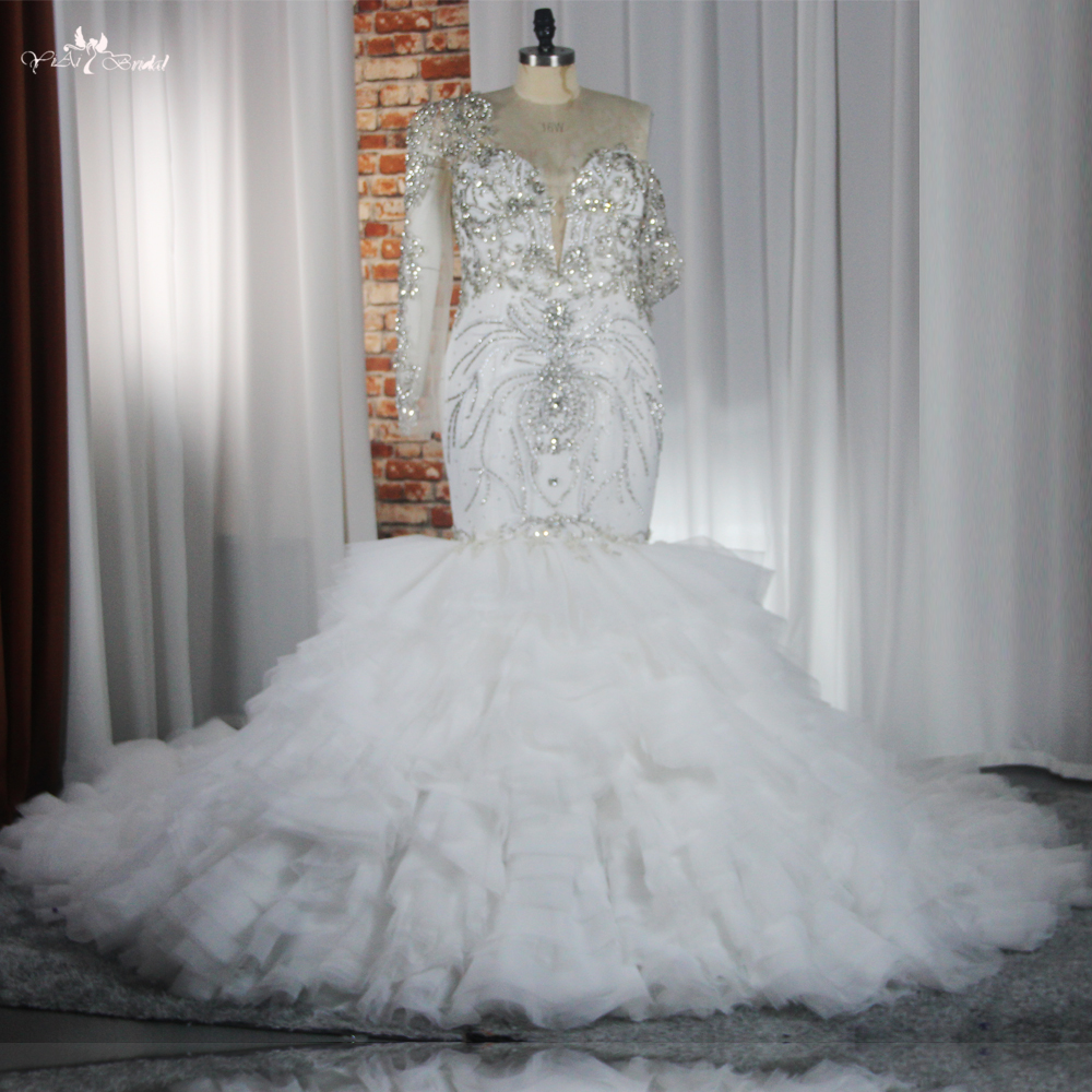 RSW1868 Lüks ağır kristal boncuk uzun kollu bir omuz denizkızı gelinlik, kabarık tül fırfır etek 8