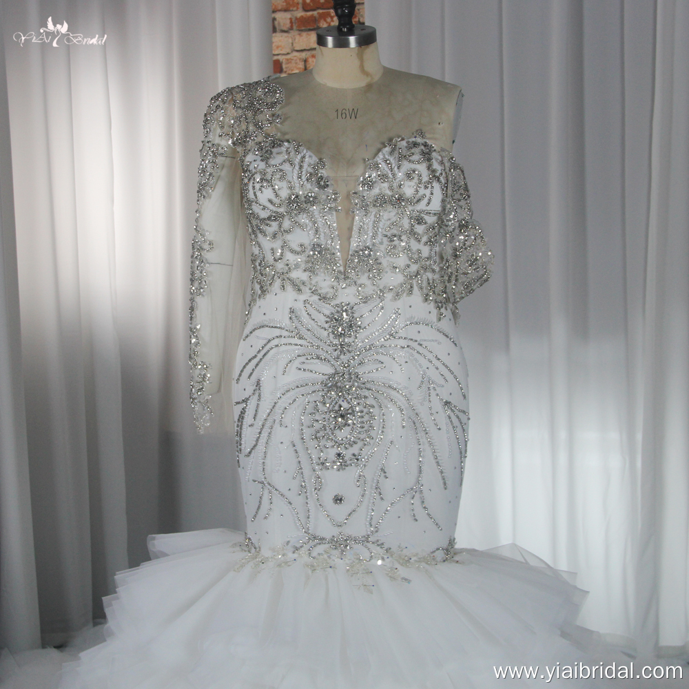 RSW1868 Lüks ağır kristal boncuk uzun kollu bir omuz denizkızı gelinlik, kabarık tül fırfır etek 9