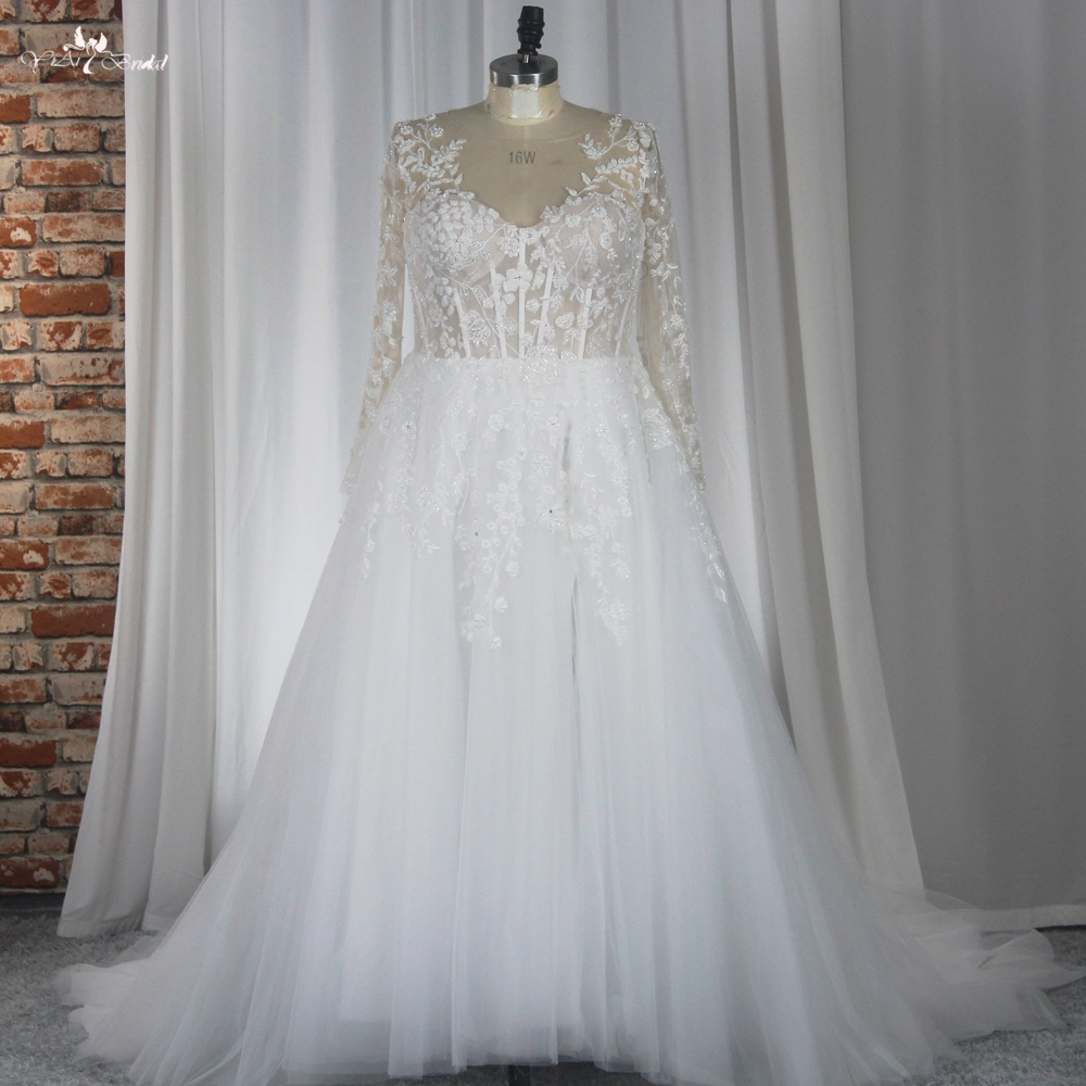 RSW1853 Long Sleeves Lace A Line Wedding Dress Destination For Plus Size Bride Fit And Flare Style With Slit 1