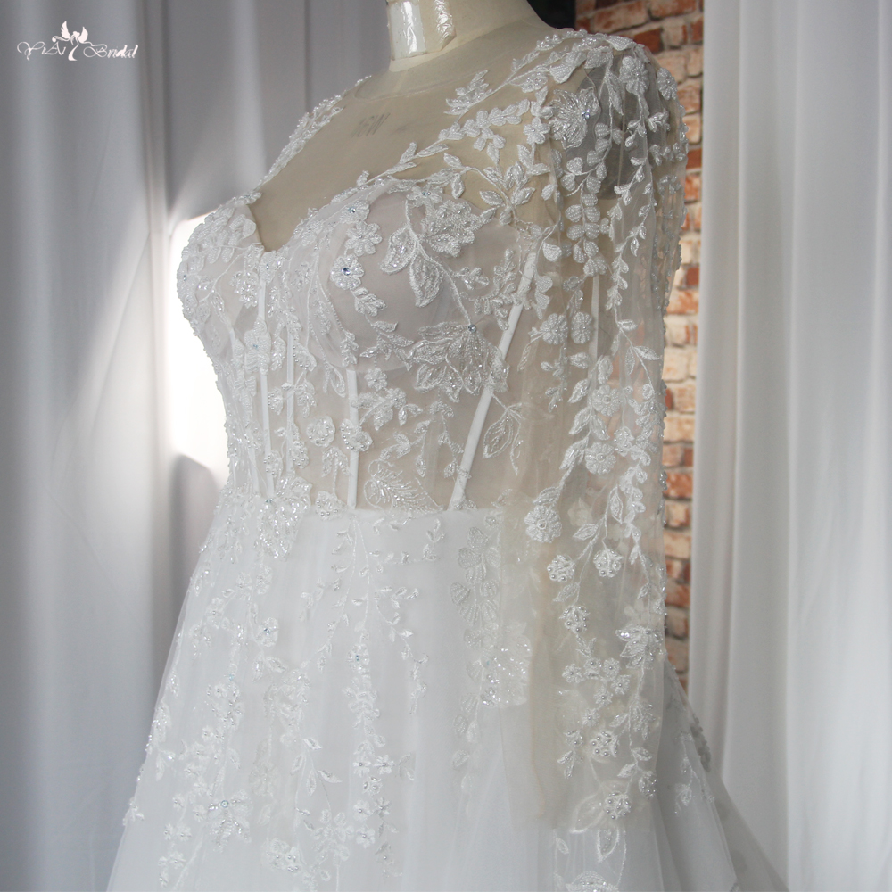 RSW1853 Long Sleeves Lace A Line Wedding Dress Destination For Plus Size Bride Fit And Flare Style With Slit 7