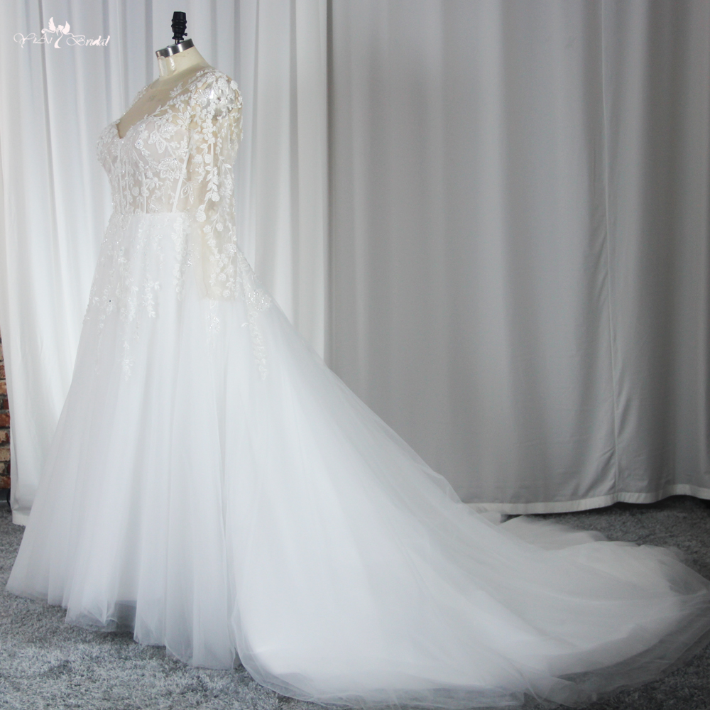 RSW1853 Long Sleeves Lace A Line Wedding Dress Destination For Plus Size Bride Fit And Flare Style With Slit 8