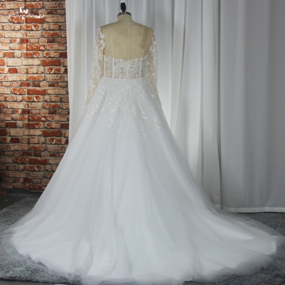 RSW1853 Long Sleeves Lace A Line Wedding Dress Destination For Plus Size Bride Fit And Flare Style With Slit 9