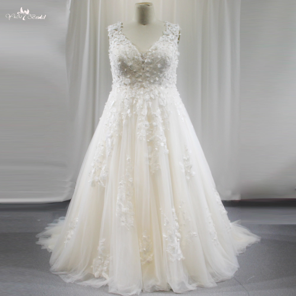 RSW1843 Champagne Wedding Dress V Neckline 3D Flowers Illusion Back With Buttons 1