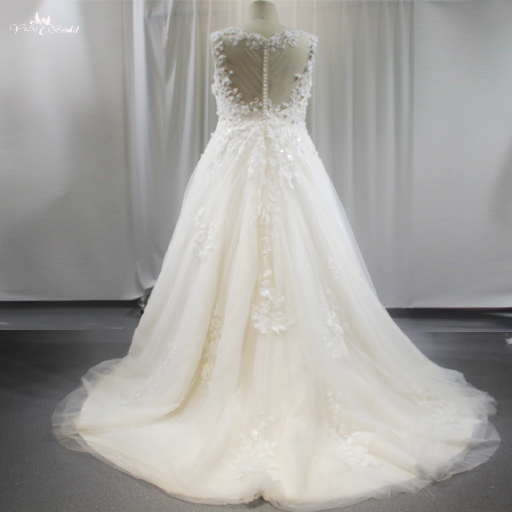 RSW1843 Champagne Wedding Dress V Neckline 3D Flowers Illusion Back With Buttons 8