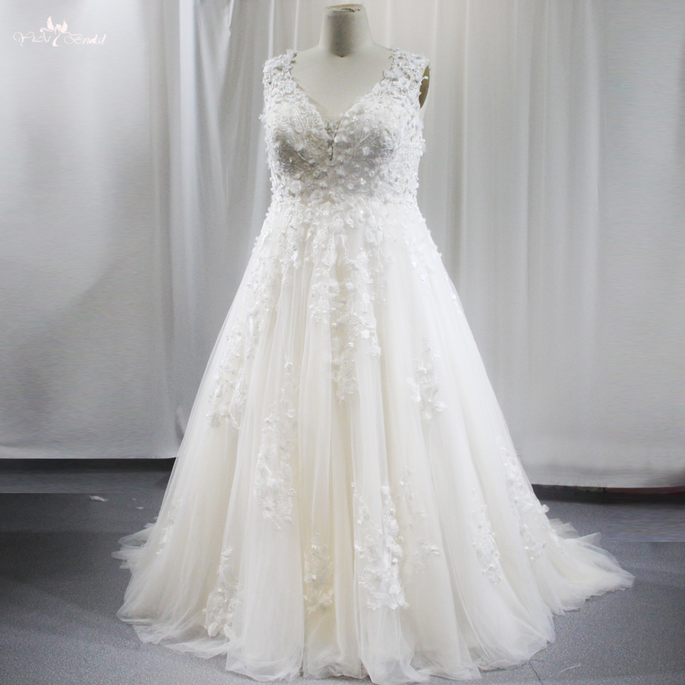 RSW1843 Champagne Wedding Dress V Neckline 3D Flowers Illusion Back With Buttons 7