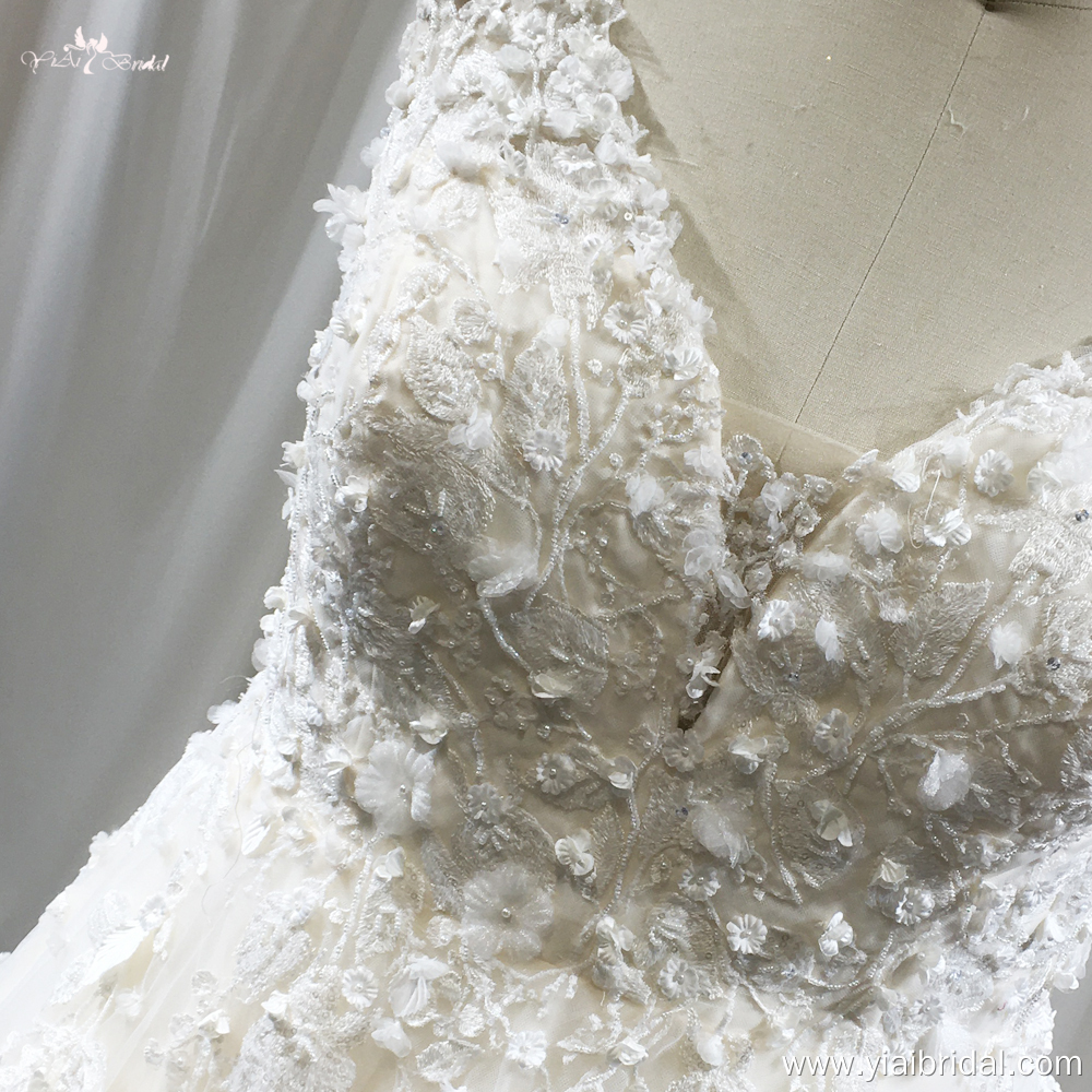 RSW1843 Champagne Wedding Dress V Neckline 3D Flowers Illusion Back With Buttons 10