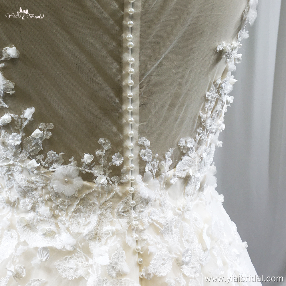 RSW1843 Champagne Wedding Dress V Neckline 3D Flowers Illusion Back With Buttons 9
