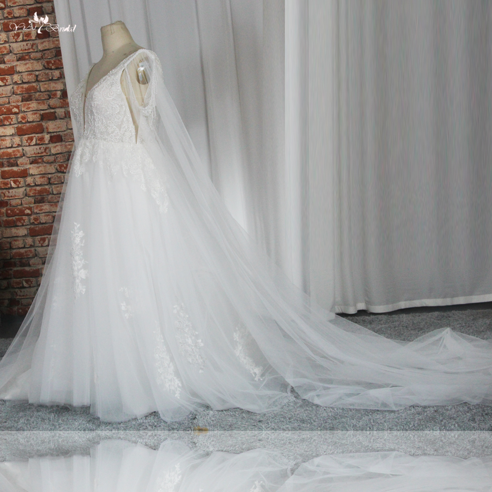 Ivory Princess Wedding Dresses With Cape Tulle Sexy V Neckline Bride Gowns Plus Size Vestidos de novia Party RSW1880 7
