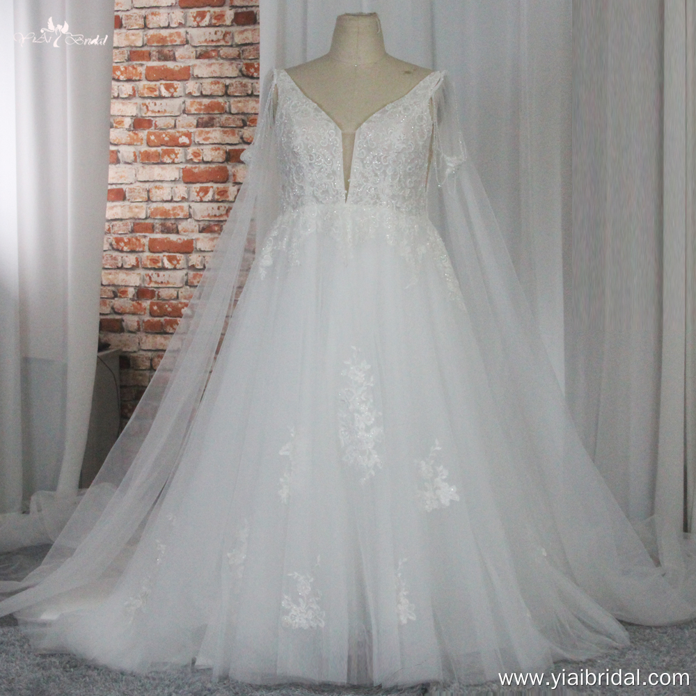 Ivory Princess Wedding Dresses With Cape Tulle Sexy V Neckline Bride Gowns Plus Size Vestidos de novia Party RSW1880 6
