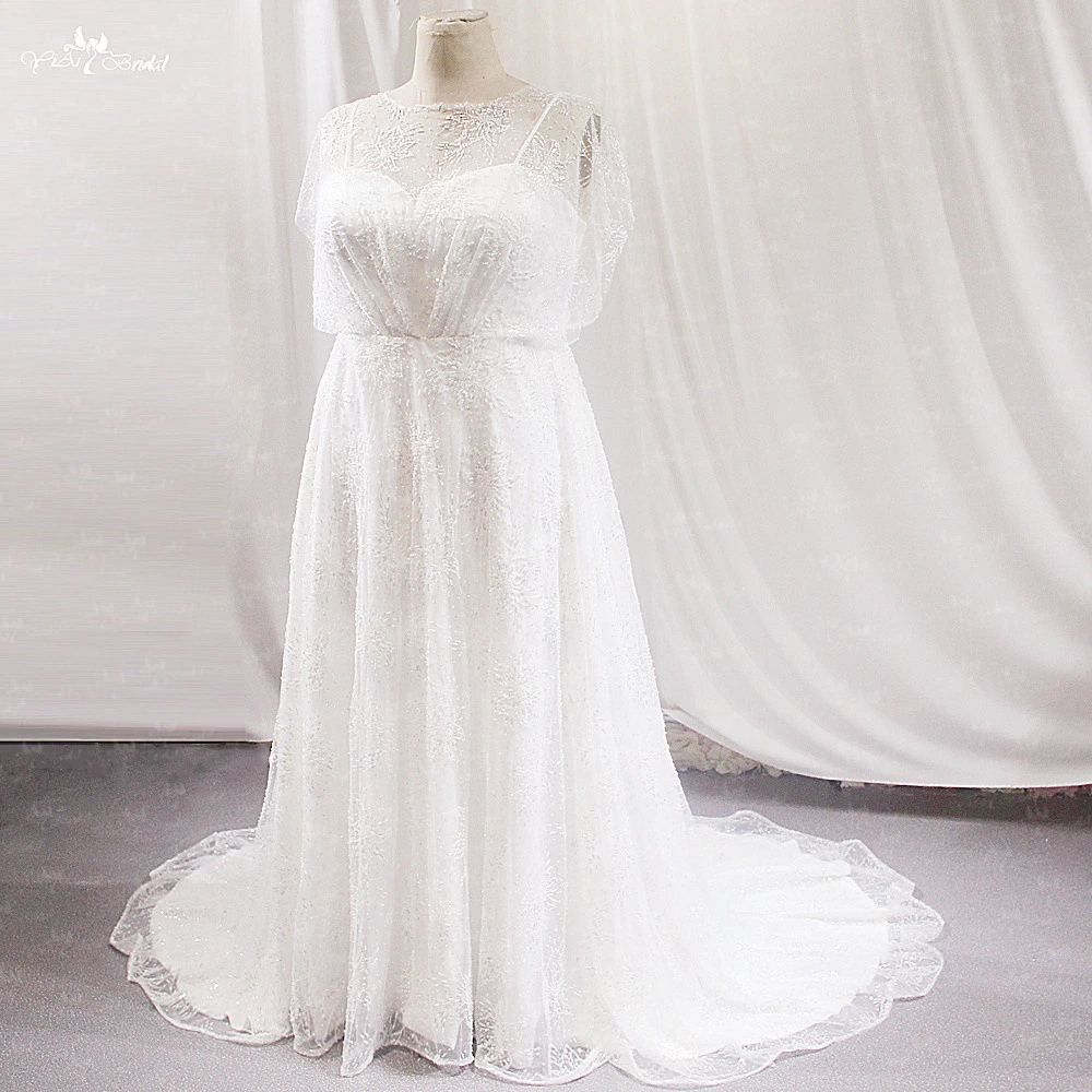 LZ506 Plus Size Wedding Dress Cap Sleeves Beaded Lace 1