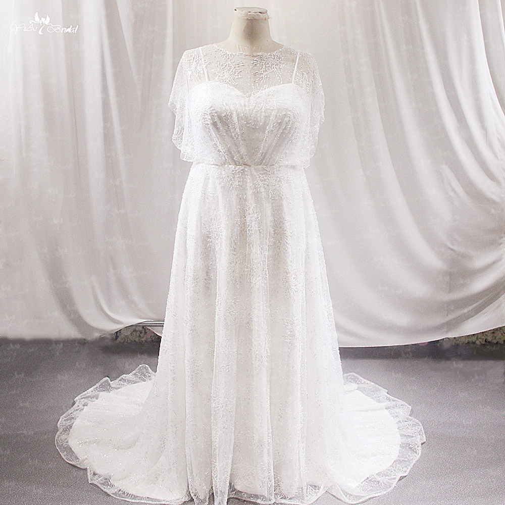 LZ506 Plus Size Wedding Dress Cap Sleeves Beaded Lace 6