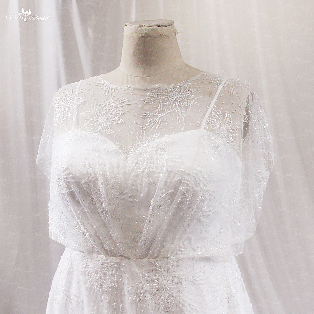 LZ506 Plus Size Wedding Dress Cap Sleeves Beaded Lace 7