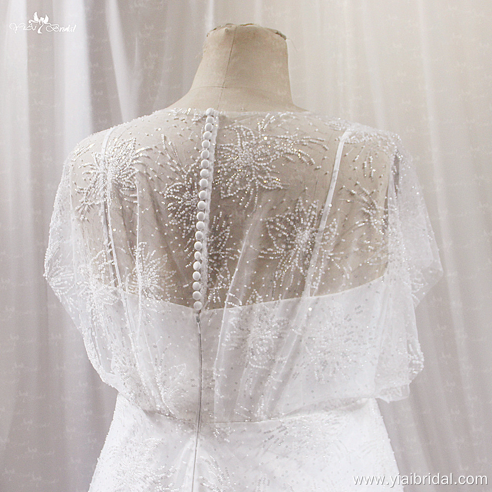 LZ506 Plus Size Wedding Dress Cap Sleeves Beaded Lace 8