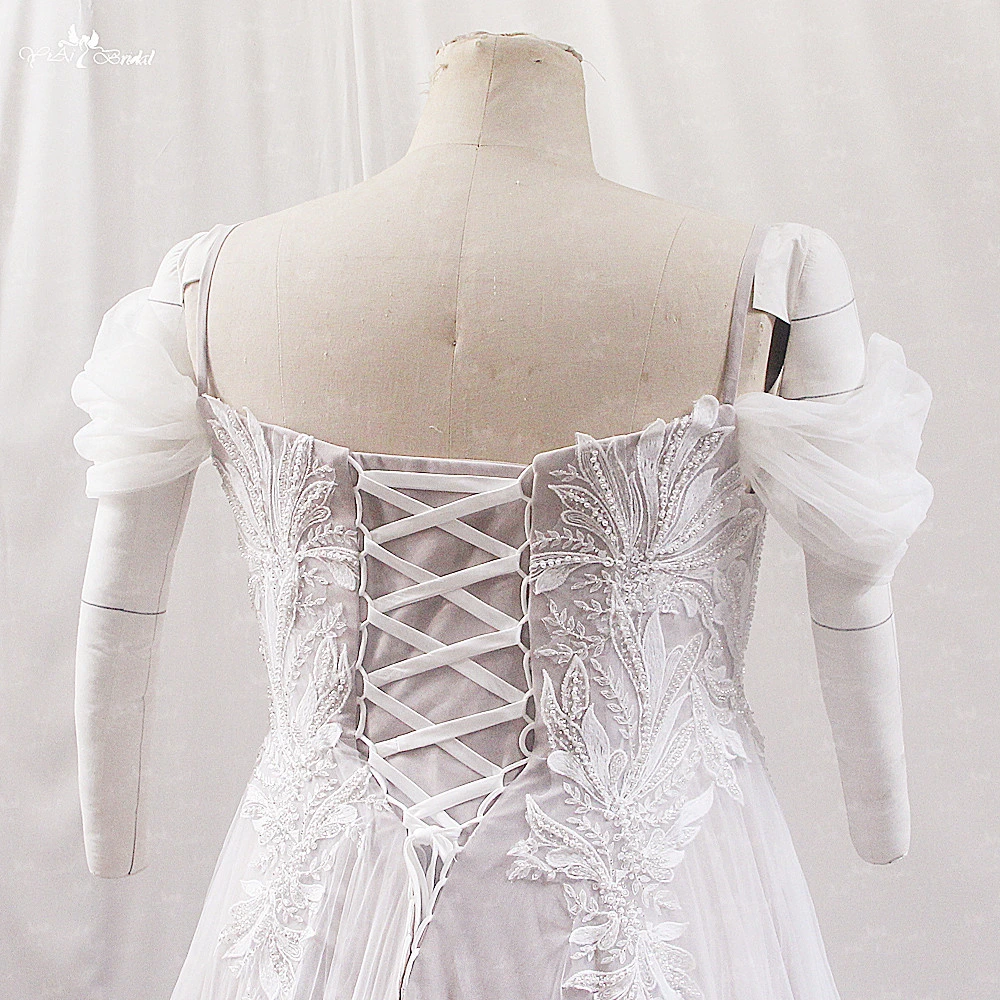 LZ504 Off The Shoulder Plus Size Wedding Dresses Fit And Flare With Leave Lace Pattern 1