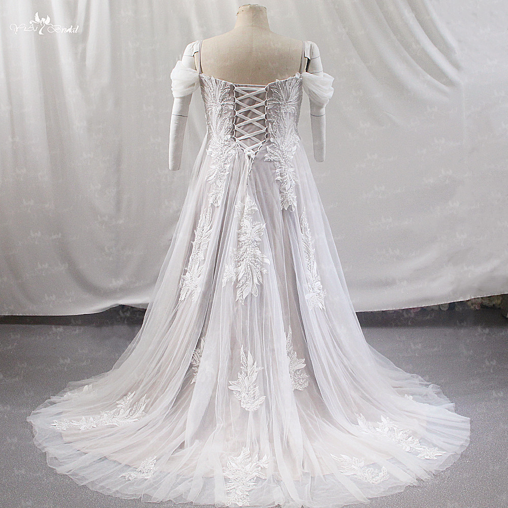 LZ504 Off The Shoulder Plus Size Wedding Dresses Fit And Flare With Leave Lace Pattern 10