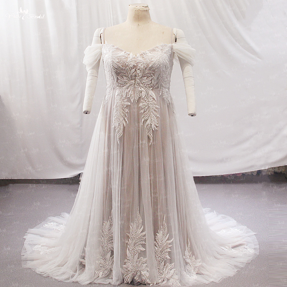 LZ504 Off The Shoulder Plus Size Wedding Dresses Fit And Flare With Leave Lace Pattern 7