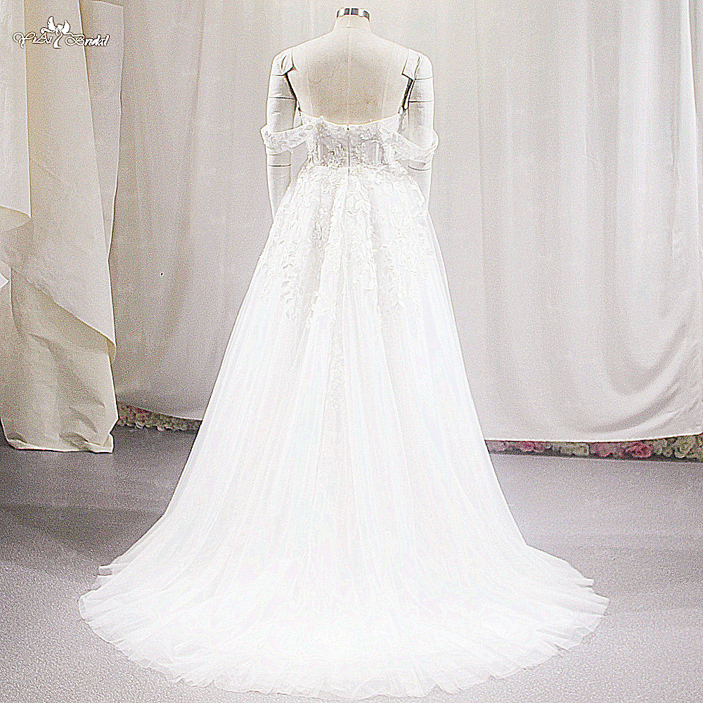 Off Shoulder Low Neckline Beach Wedding Dress With High Slit LZ497 Lace Appliqued Tulle Ivory Bridal Gowns 10