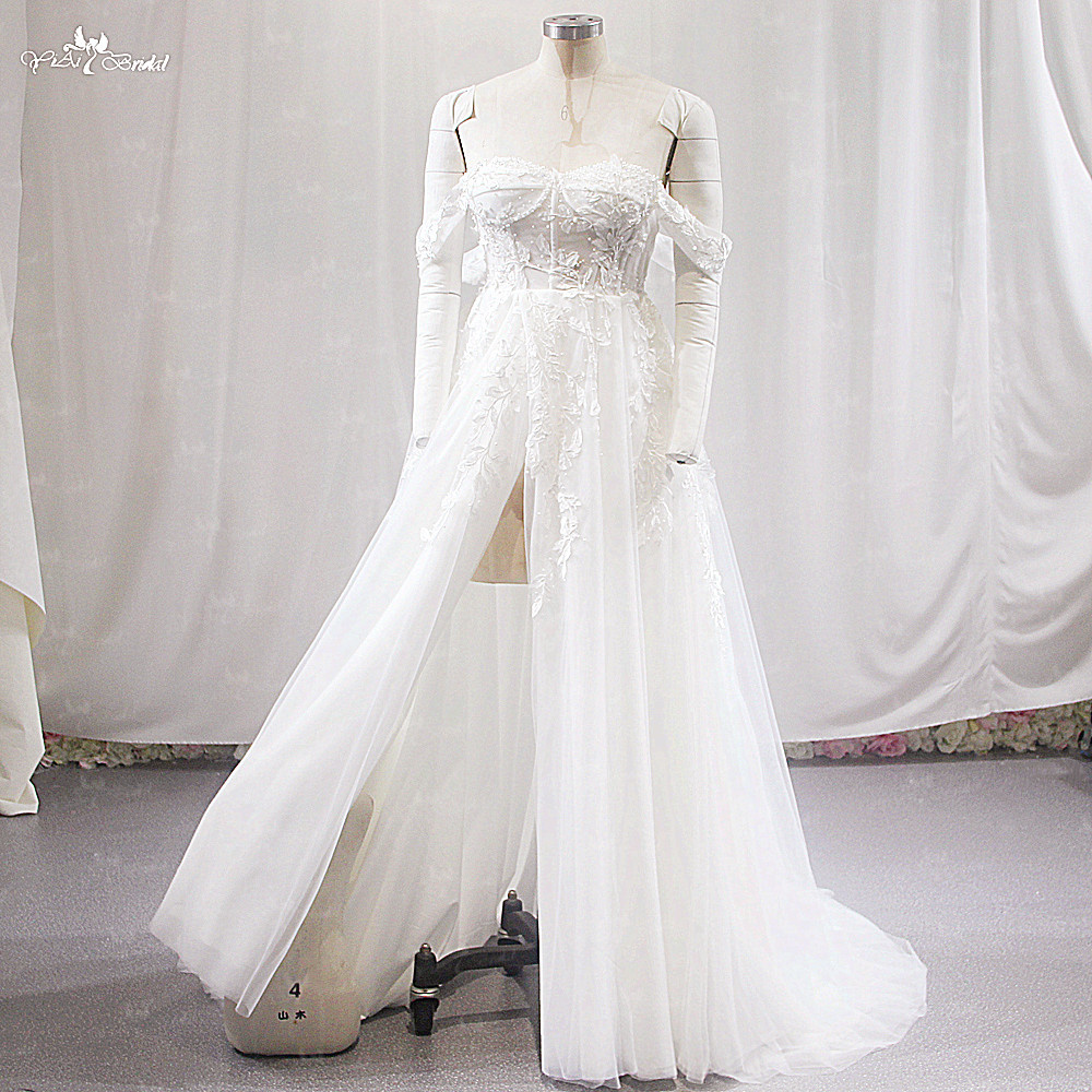 Off Shoulder Low Neckline Beach Wedding Dress With High Slit LZ497 Lace Appliqued Tulle Ivory Bridal Gowns 7