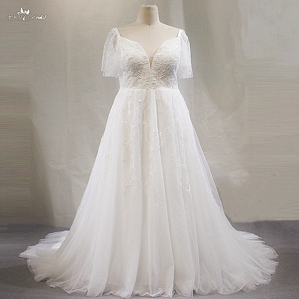 LZ479 V pääntie lyhyet hihat istuvat ja levenevät häämekot kurvikkaalle naiselle 1