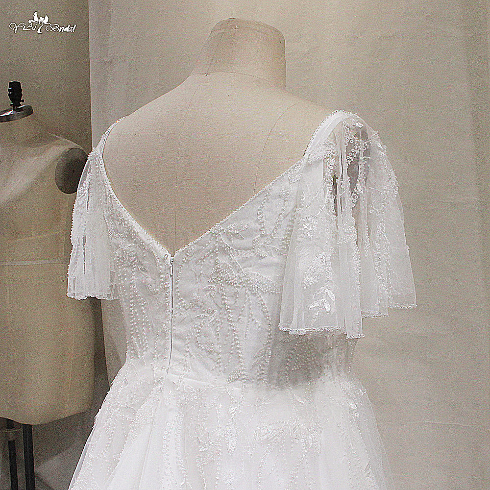 LZ479 V pääntie lyhyet hihat istuvat ja levenevät häämekot kurvikkaalle naiselle 10