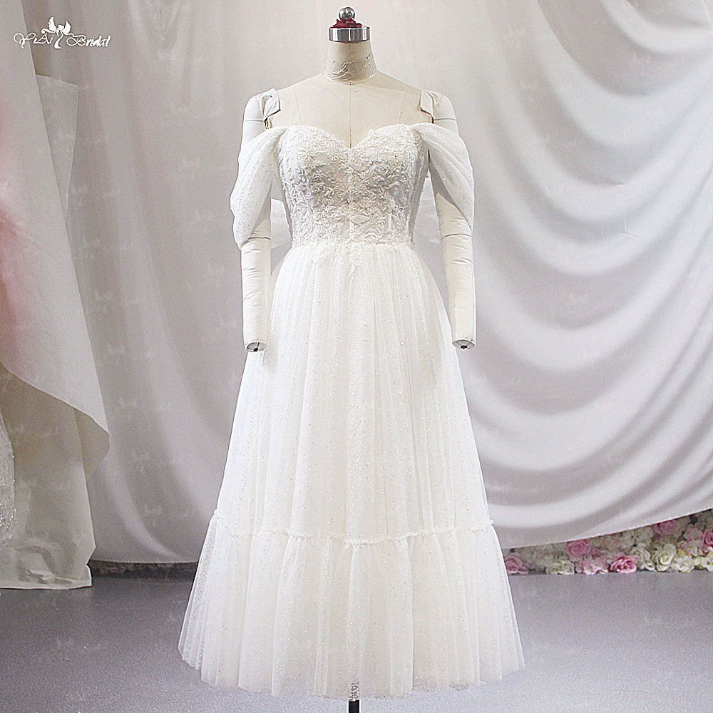 Omuzdan Bağlamalı Çay Uzunluğu Gelinlik LZ499 Bling Bling Parıltılı Simler Sivil Gelinlik 9