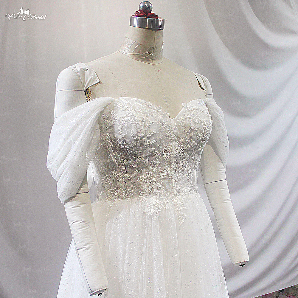 Omuzdan Bağlamalı Çay Uzunluğu Gelinlik LZ499 Bling Bling Parıltılı Simler Sivil Gelinlik 10