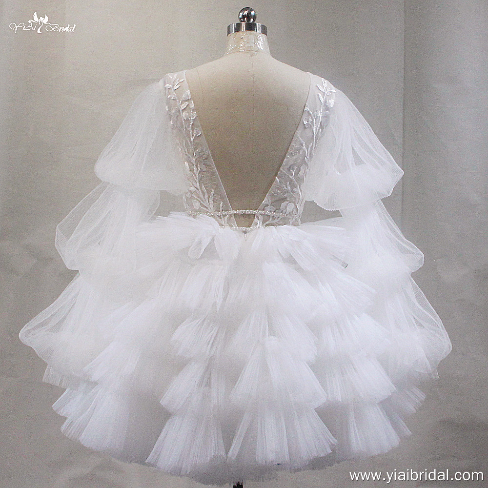 Short Civil Wedding Dress LZF138 Long Puffy Sleeves Ruffle Skirt Fluffy Skirt V Neck Puff Pleat Sleeve Short Prom Dresses 10