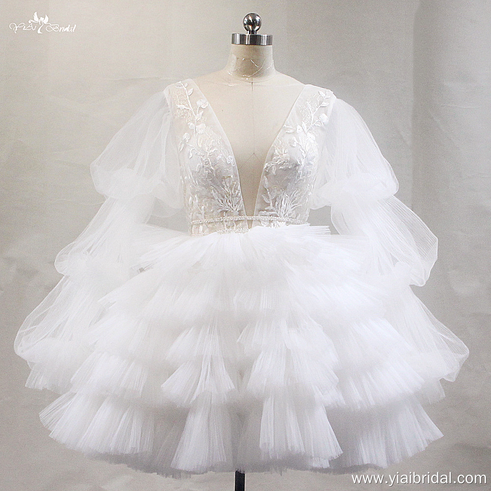 Short Civil Wedding Dress LZF138 Long Puffy Sleeves Ruffle Skirt Fluffy Skirt V Neck Puff Pleat Sleeve Short Prom Dresses 7