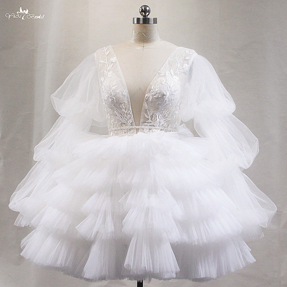 Short Civil Wedding Dress LZF138 Long Puffy Sleeves Ruffle Skirt Fluffy Skirt V Neck Puff Pleat Sleeve Short Prom Dresses 9