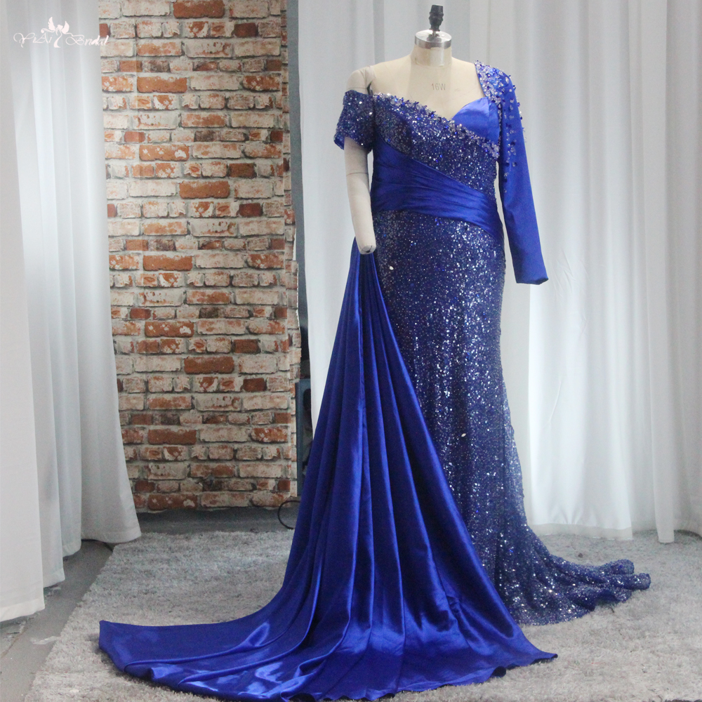 One Sleeves Glitter Evening Dress RSE951 Sweep Train Sparkly Navy Blue Prom Dresses 9