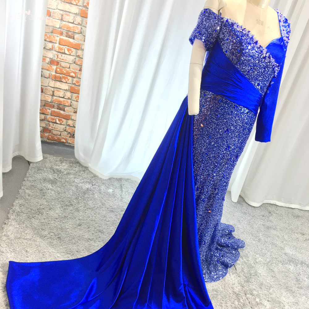 One Sleeves Glitter Evening Dress RSE951 Sweep Train Sparkly Navy Blue Prom Dresses 11