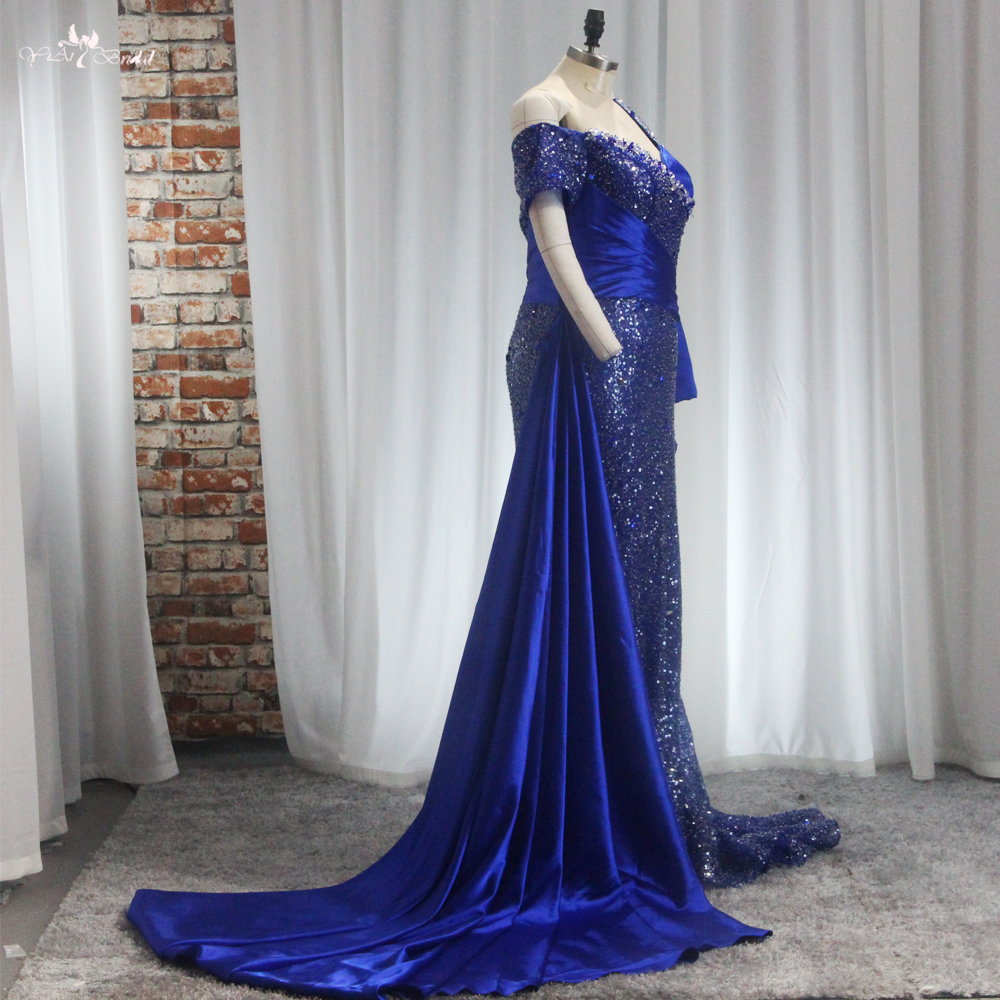 One Sleeves Glitter Evening Dress RSE951 Sweep Train Sparkly Navy Blue Prom Dresses 12