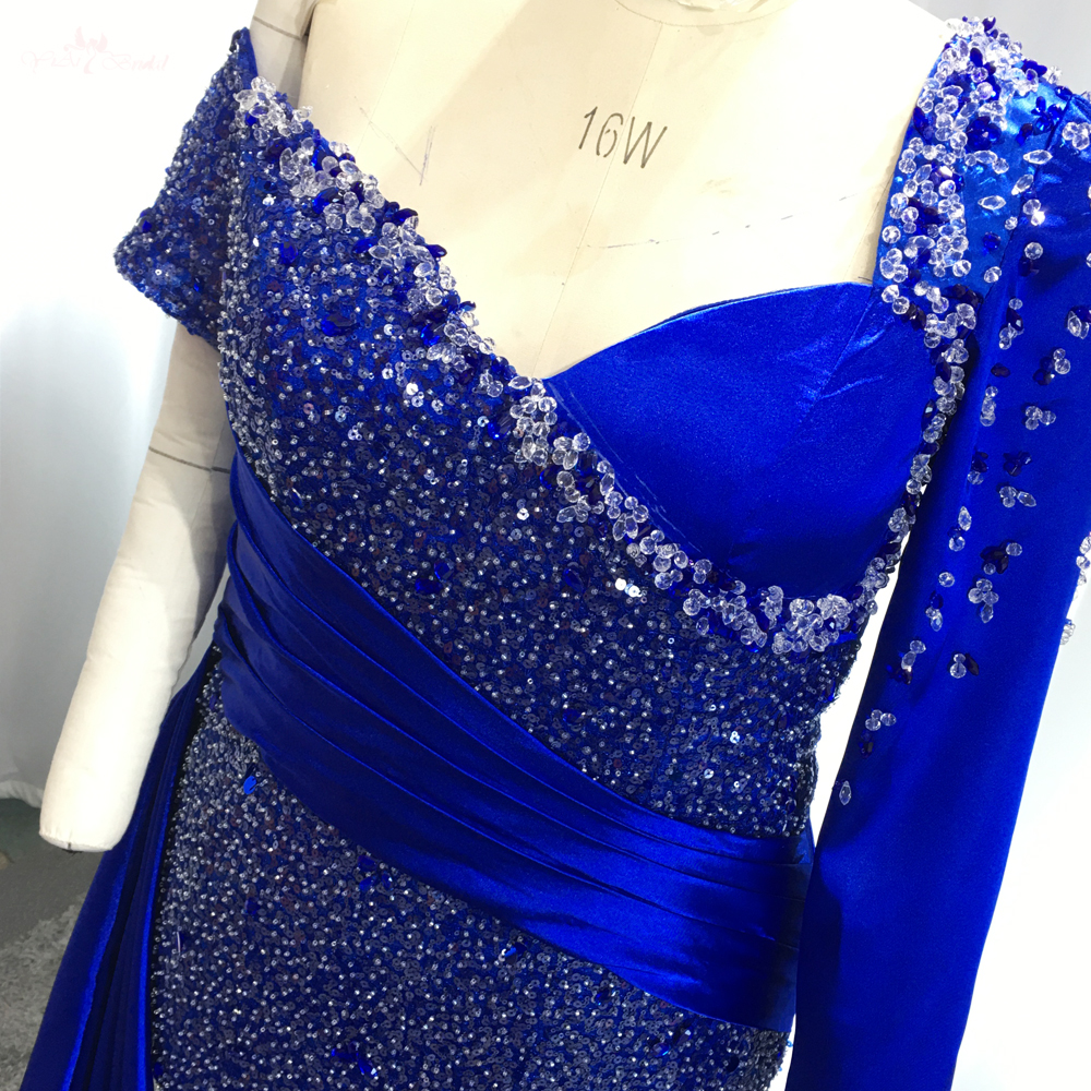 One Sleeves Glitter Evening Dress RSE951 Sweep Train Sparkly Navy Blue Prom Dresses 10