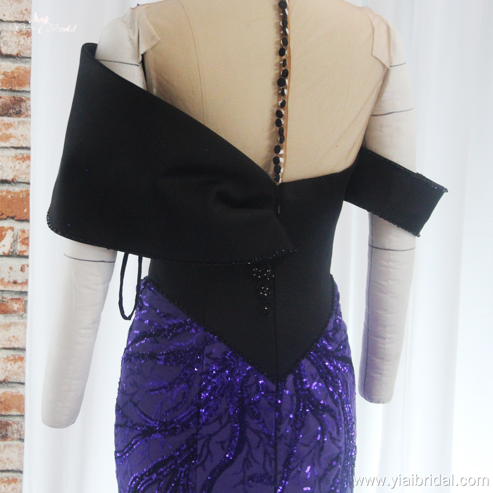 Latest African Mermaid Evening Dress RSE950 Sequin Glitters Purple Lace Black Top Body WIth Exaggerated Shoulder 11