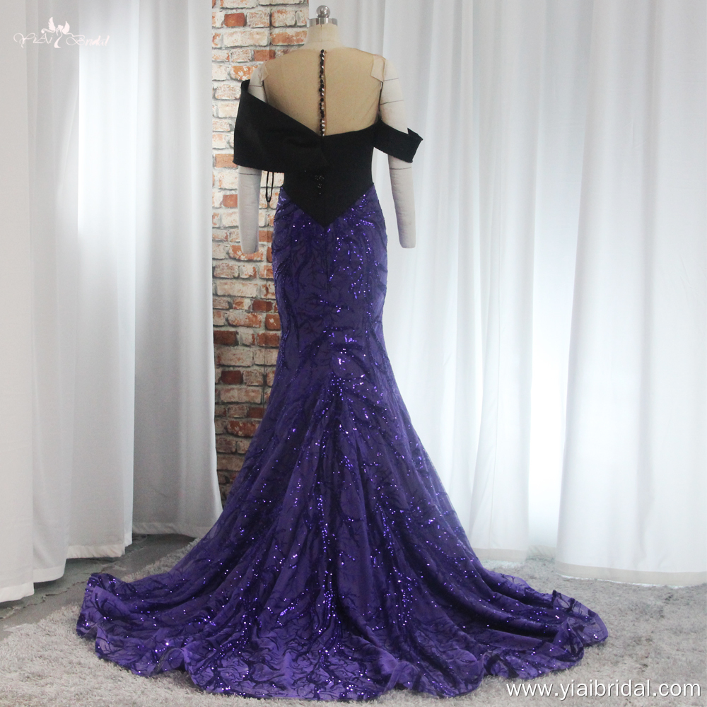 Latest African Mermaid Evening Dress RSE950 Sequin Glitters Purple Lace Black Top Body WIth Exaggerated Shoulder 12
