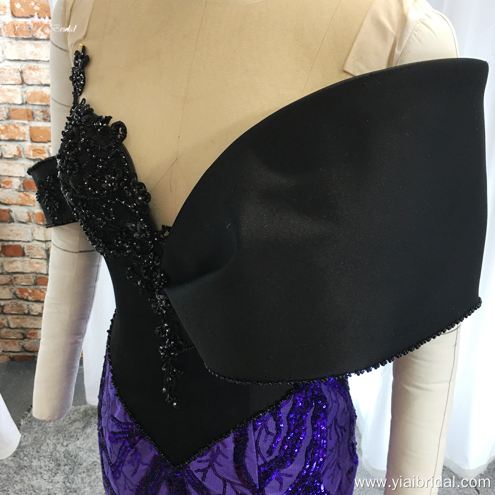 Latest African Mermaid Evening Dress RSE950 Sequin Glitters Purple Lace Black Top Body WIth Exaggerated Shoulder 10